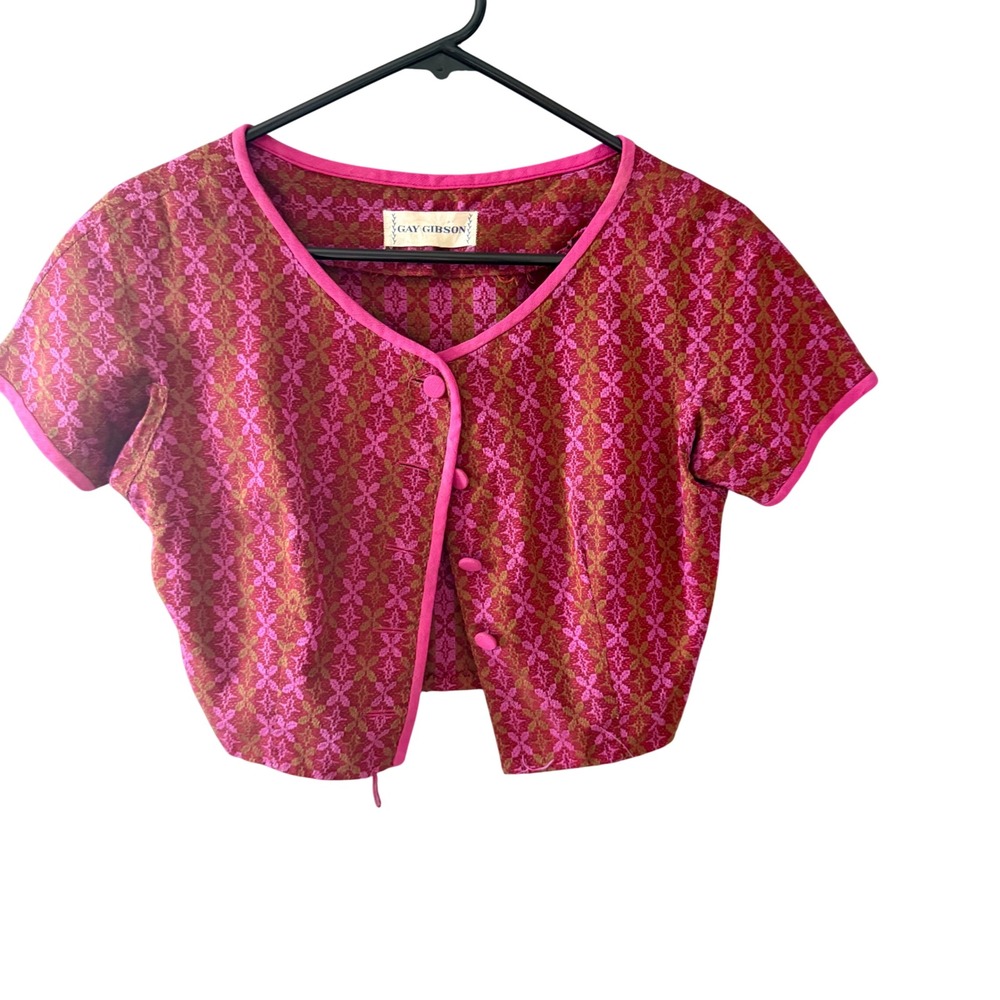 Gay Gibson Vintage 60s Cropped Button Front Top Pink Olive‎ Geometric Mod Small